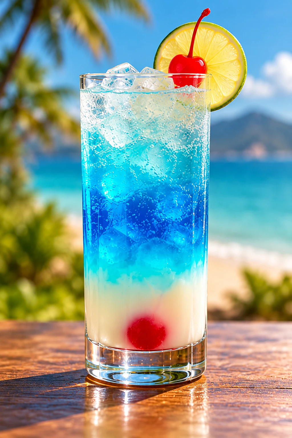 Mexican Wave cocktail in a Collins glass, layered blue and white, with lime and cherry garnish, beach background